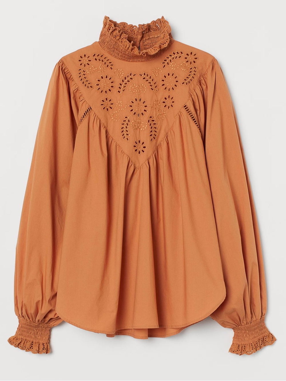 Boho Rust Orange Eyelet Embroidered Mock Neck Blouse Cotton Peasant Top Large